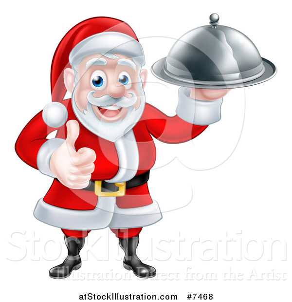 Vector Illustration of a Happy Christmas Santa Claus Chef Holding a Silver Cloche Platter and Thumb up