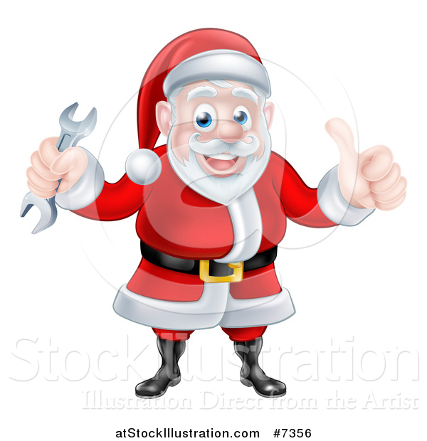 Vector Illustration of a Happy Christmas Santa Claus Giving a Thumb up and Holding a Wrench 2