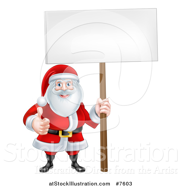 Vector Illustration of a Happy Christmas Santa Claus Holding a Blank Sign and Giving a Thumb up