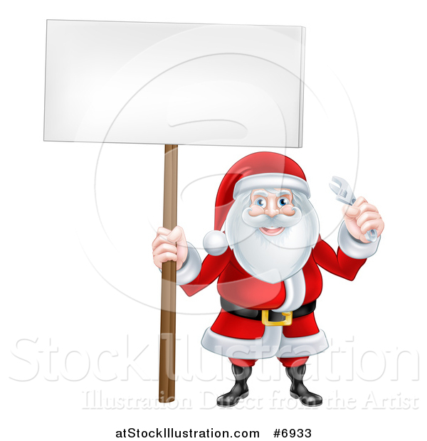 Vector Illustration of a Happy Christmas Santa Claus Holding a Spanner Wrench and Blank Sign