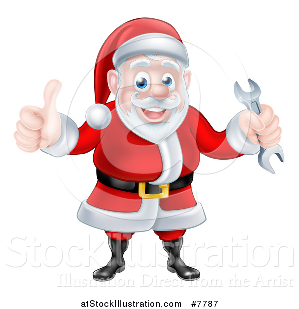 Vector Illustration of a Happy Christmas Santa Claus Holding a Wrench and Giving a Thumb up