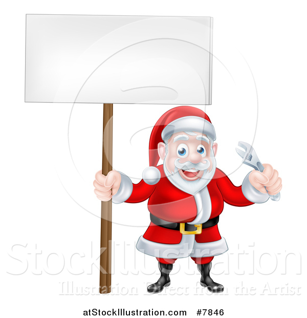 Vector Illustration of a Happy Christmas Santa Claus Holding an Adjustable Wrench Tool and Blank Sign