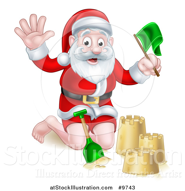 Vector Illustration of a Happy Christmas Santa Claus Making a Sand Castle