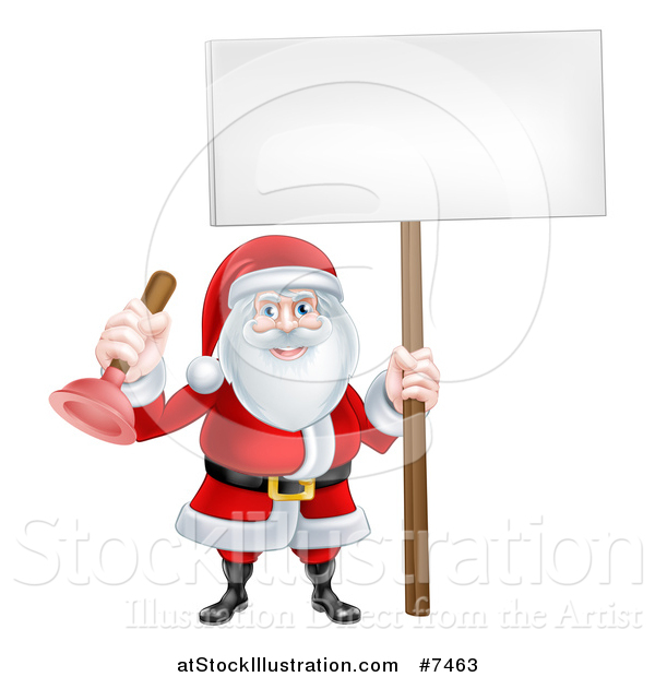 Vector Illustration of a Happy Christmas Santa Claus Plumber Holding a Plunger and Blank Sign 4