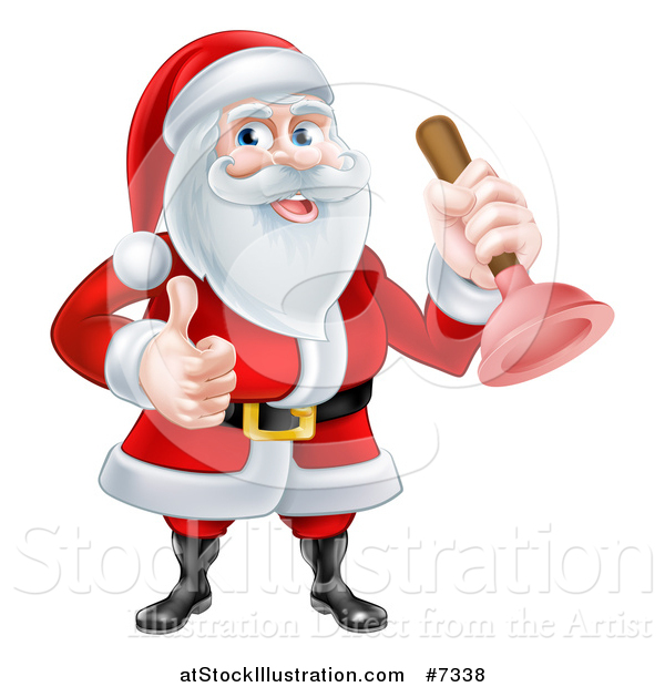 Vector Illustration of a Happy Christmas Santa Claus Plumber Holding a Plunger and Giving a Thumb up 2