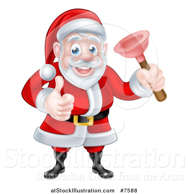Vector Illustration of a Happy Christmas Santa Claus Plumber Holding a Plunger and Giving a Thumb up 4