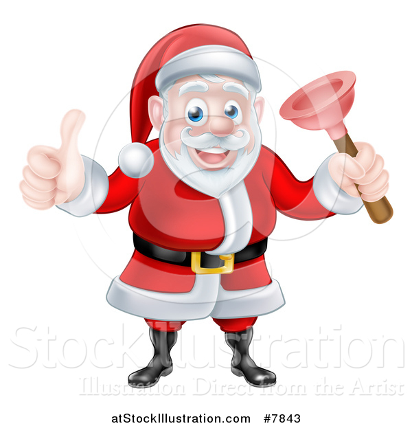 Vector Illustration of a Happy Christmas Santa Claus Plumber Holding a Plunger and Giving a Thumb up