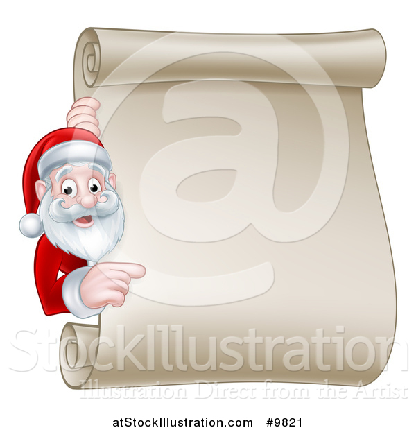 Vector Illustration of a Happy Christmas Santa Claus Pointing Around a Scroll Sign