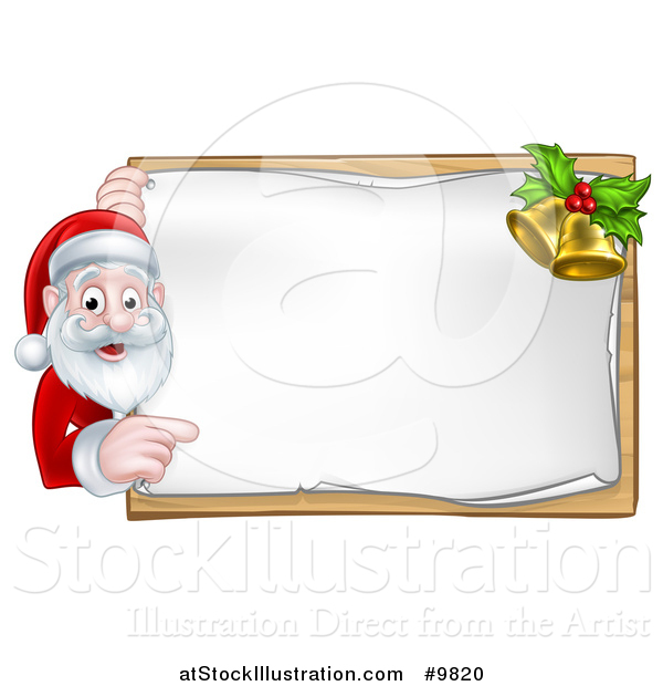 Vector Illustration of a Happy Christmas Santa Claus Pointing Around a Sign with Bells