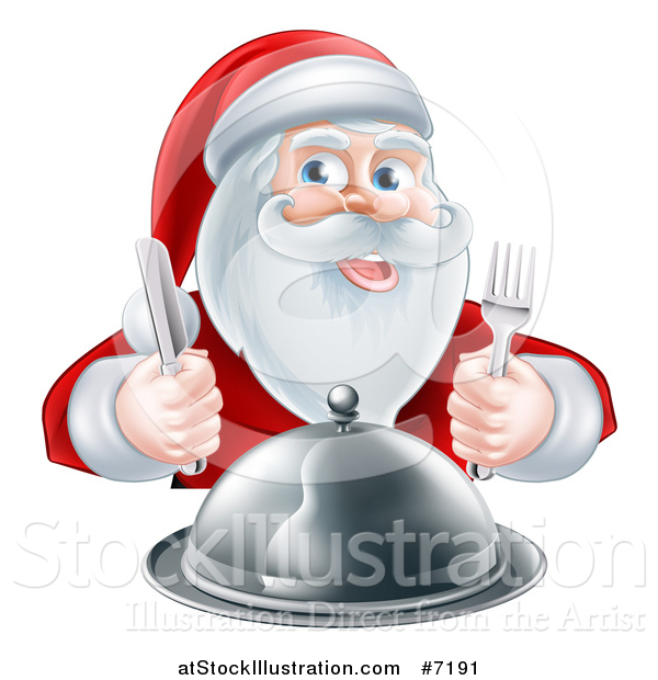Vector Illustration of a Happy Christmas Santa Claus Sitting with a Cloche Platter and Holding Silverware