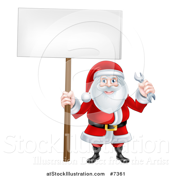 Vector Illustration of a Happy Christmas Santa Holding a Spanner Wrench and Blank Sign 2