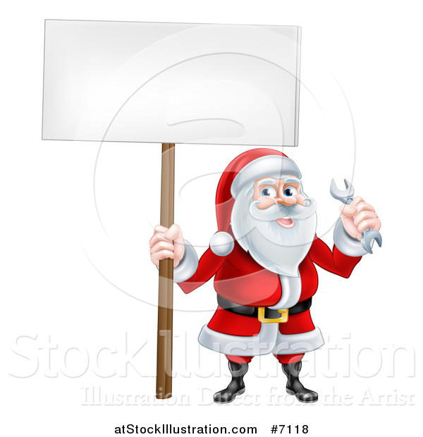 Vector Illustration of a Happy Christmas Santa Holding a Spanner Wrench and Blank Sign