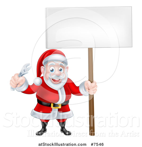 Vector Illustration of a Happy Christmas Santa Holding an Adjustable Wrench Tool and Blank Sign