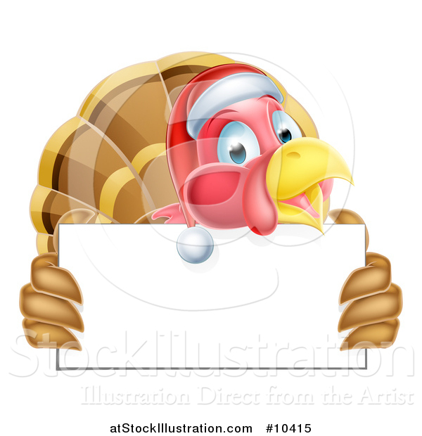 Vector Illustration of a Happy Christmas Turkey Bird Wearing a Santa Hat and Holding a Blank Sign Board