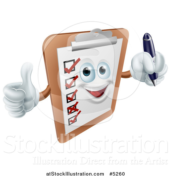 Vector Illustration of a Happy Clipboard Holding a Pen and Thumb up