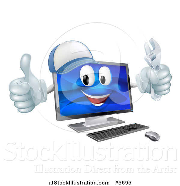 Vector Illustration of a Happy Computer Mascot Holding a Wrench and Thumb up