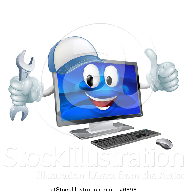 Vector Illustration of a Happy Computer Mascot Wearing a Baseball Cap, Holding a Wrench and Giving a Thumb up