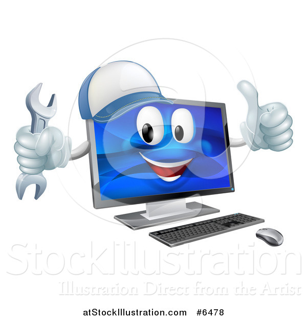 Vector Illustration of a Happy Computer Mascot Wearing a Baseball Cap, Holding a Wrench and Thumb up