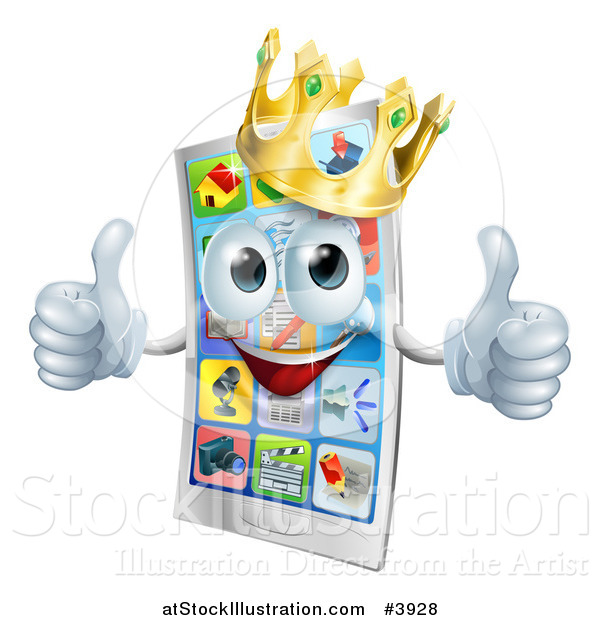 Vector Illustration of a Happy Crowned Cell Phone Mascot Holding Two Thumbs up