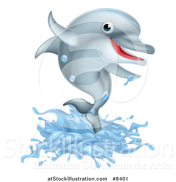 Vector Illustration of a Happy Cute Dolphin Splashing and Jumping