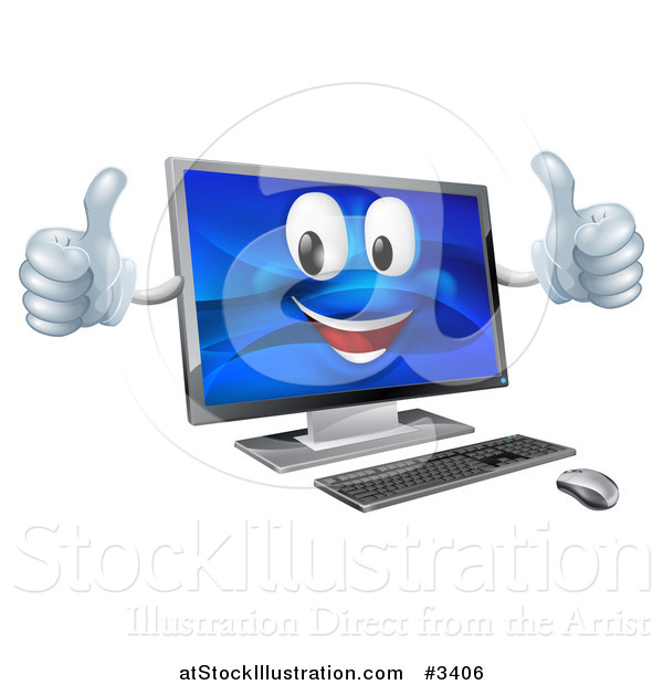 Vector Illustration of a Happy Desktop Computer Mascot Holding Two Thumbs up