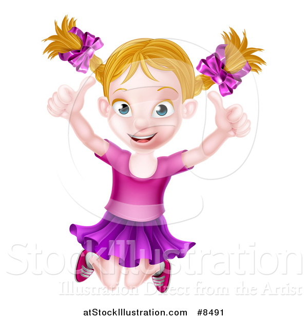 Vector Illustration of a Happy Dirty Blond White Girl Jumping and Giving Two Thumbs up