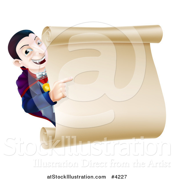 Vector Illustration of a Happy Dracula Halloween Vampire Pointing at a Sign Scroll