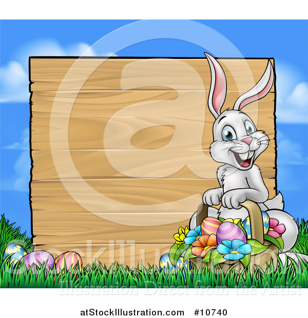Vector Illustration of a Happy Easter Bunny with a Basket of Eggs and Flowers in the Grass, with a Blank Wood Sign Against a Blue Sky
