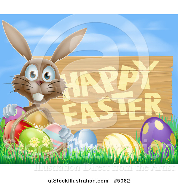 Vector Illustration of a Happy Easter Sign with a Brown Rabbit and Eggs Against Blue Sky