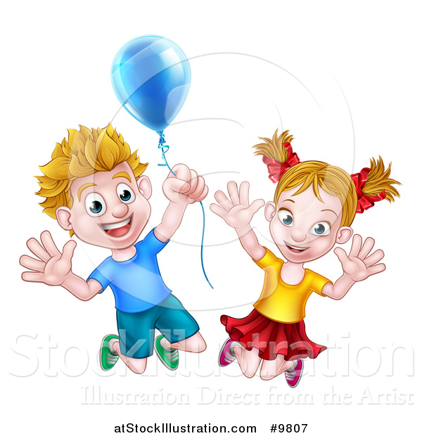 Vector Illustration of a Happy Excited Blond Caucasian Boy and Girl Jumping with a Party Balloon