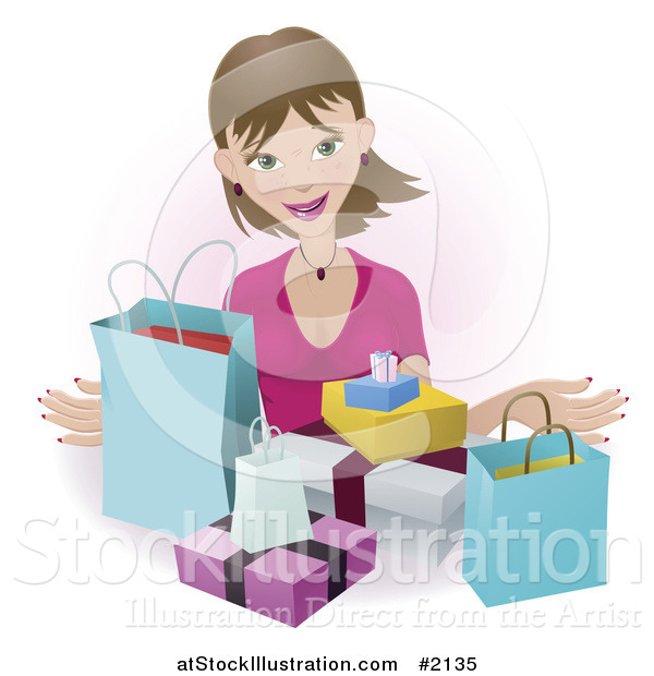 Vector Illustration of a Happy Female Shopper with Bags and Boxes