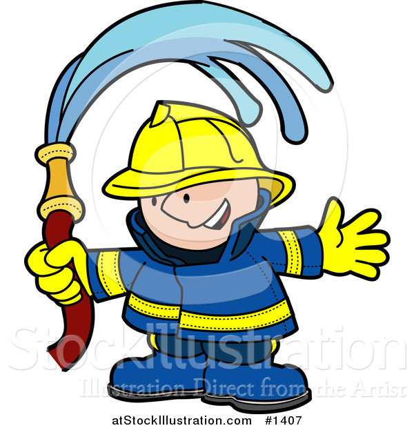 Vector Illustration of a Happy Fireman in a Blue and Yellow Uniform and Hardhat, Waving a Water Hose