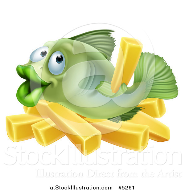 Vector Illustration of a Happy Fish with Chips French Fries