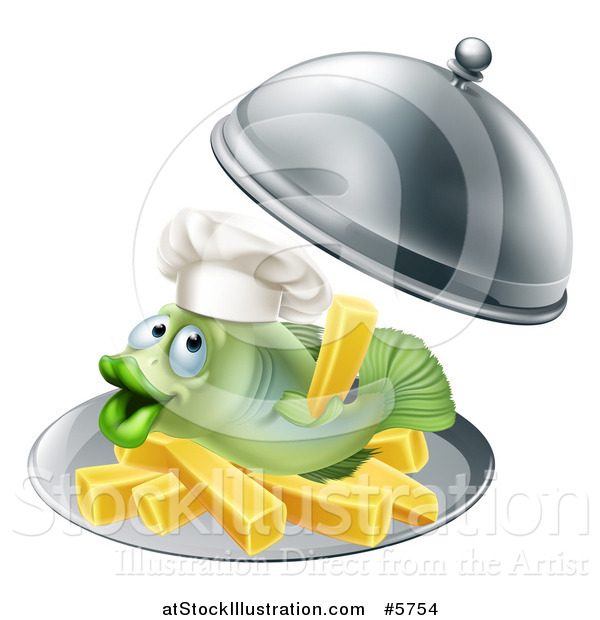 Vector Illustration of a Happy Fish with Chips French Fries on a Platter