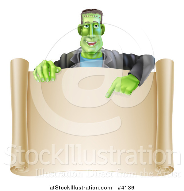 Vector Illustration of a Happy Frankenstein Pointing down to a Blank Scroll Sign or Invitation