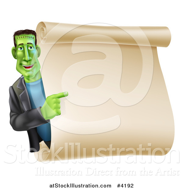 Vector Illustration of a Happy Frankenstein Pointing to a Blank Scroll Sign or Invitation