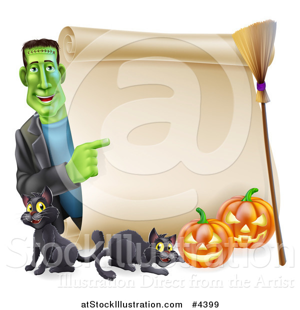 Vector Illustration of a Happy Frankenstein Pointing to a Scroll Sign with a Broomstick Black Cats and Halloween Pumpkins