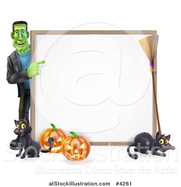 Vector Illustration of a Happy Frankenstein with Cats a Broomstick and Halloween Pumpkins Pointing to a White Board Sign