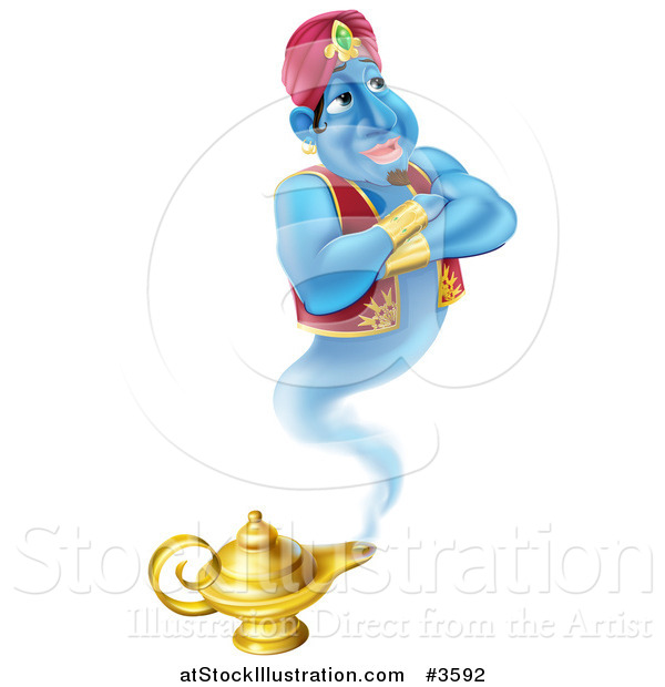 Vector Illustration of a Happy Genie Emerging from a Magic Lamp