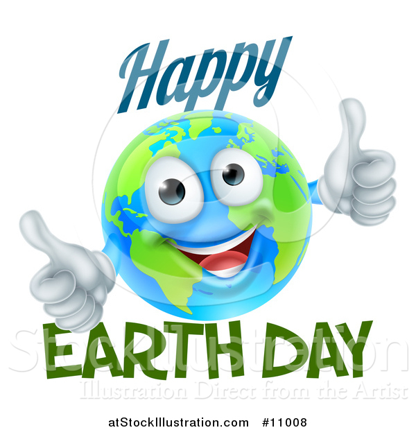 Vector Illustration of a Happy Globe Mascot Giving Two Thumbs Up, with Happy Earth Day Text