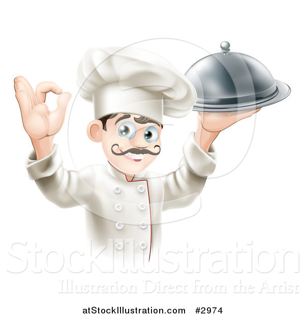 Vector Illustration of a Happy Gourmet Male Chef Holding a Platter and Gesturing Ok