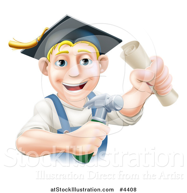 Vector Illustration of a Happy Graduate Worker Man Holding a Hammer and Degree and Wearing a Mortar Board