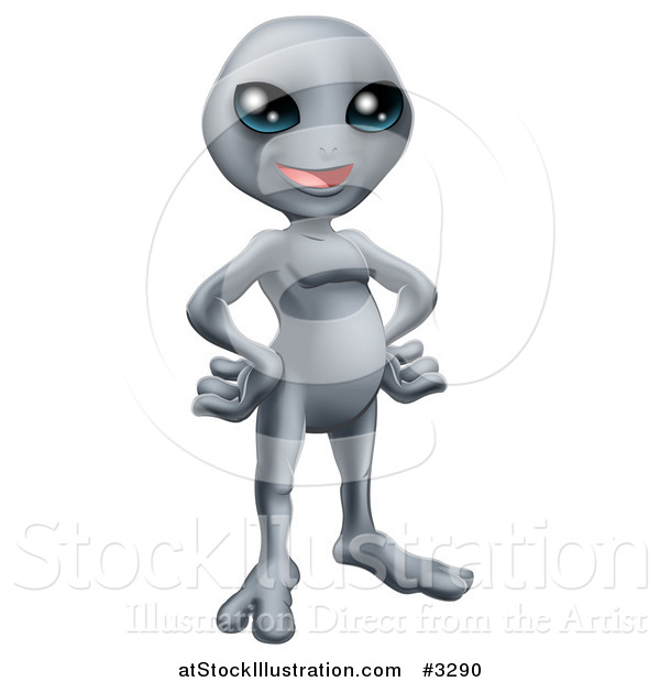 Vector Illustration of a Happy Gray Alien Resting His Hands on His Hips