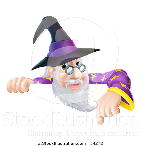 Vector Illustration of a Happy Gray Bearded Wizard with Glasses, Pointing down at a Sign