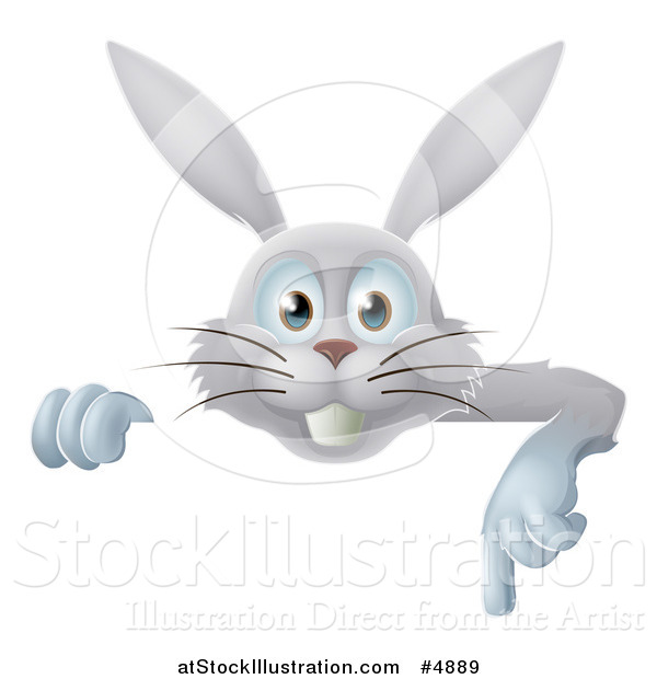 Vector Illustration of a Happy Gray Bunny Rabbit Pointing down over a Sign