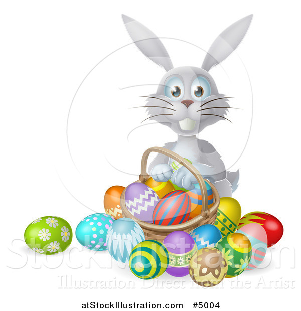 Vector Illustration of a Happy Gray Bunny with Easter Eggs and a Basket