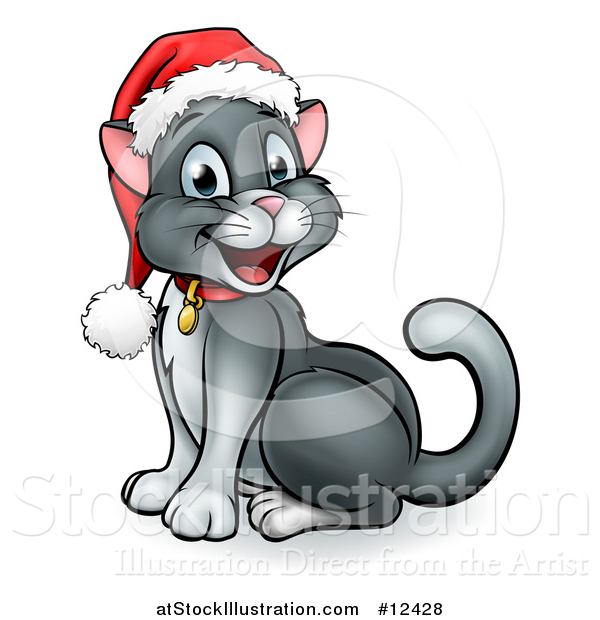 Vector Illustration of a Happy Gray Cat Wearing a Christmas Santa Hat