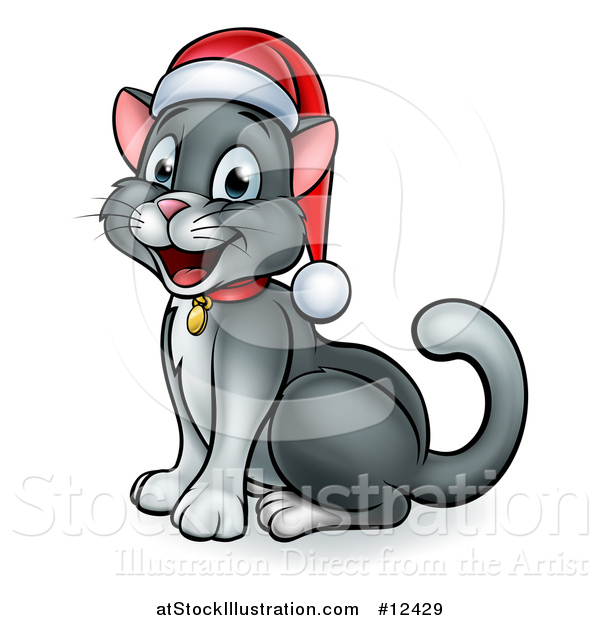Vector Illustration of a Happy Gray Cat Wearing a Christmas Santa Hat