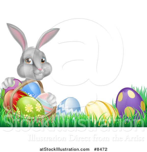 Vector Illustration of a Happy Gray Easter Bunny with a Basket of Eggs and Flowers in the Grass, with White Text Space