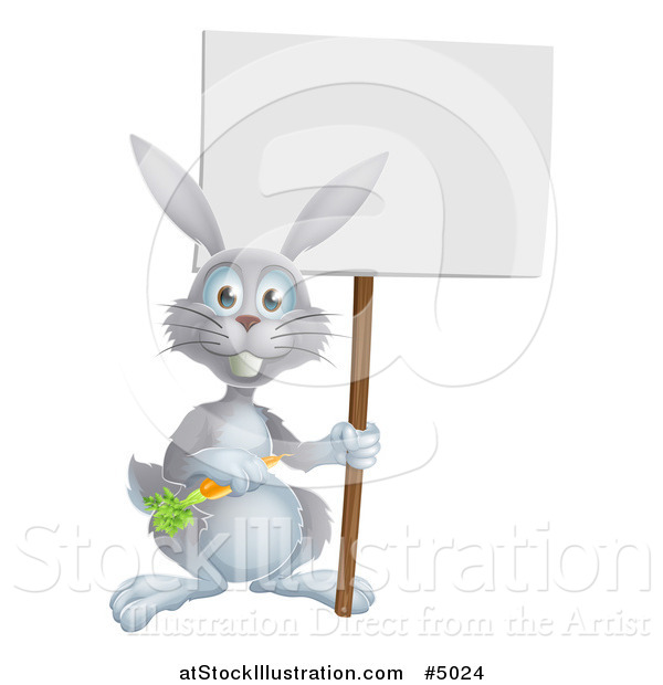 Vector Illustration of a Happy Gray Rabbit Holding a Carrot and Blank Sign